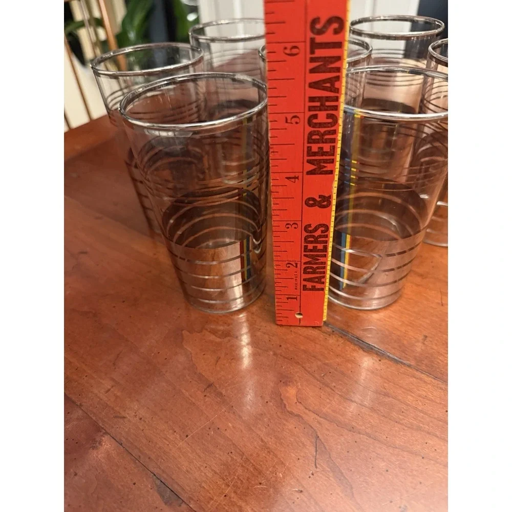 7 Vintage Mid-Century Modern Glass Silver Striped High Ball Tumblers 5 .5 X 2.5